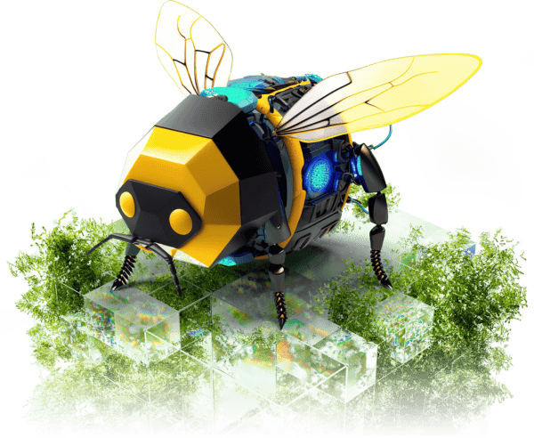 Le robot abeille symbolise les énergies renouvelables et les technologies intelligentes pour des solutions énergétiques intelligentes.