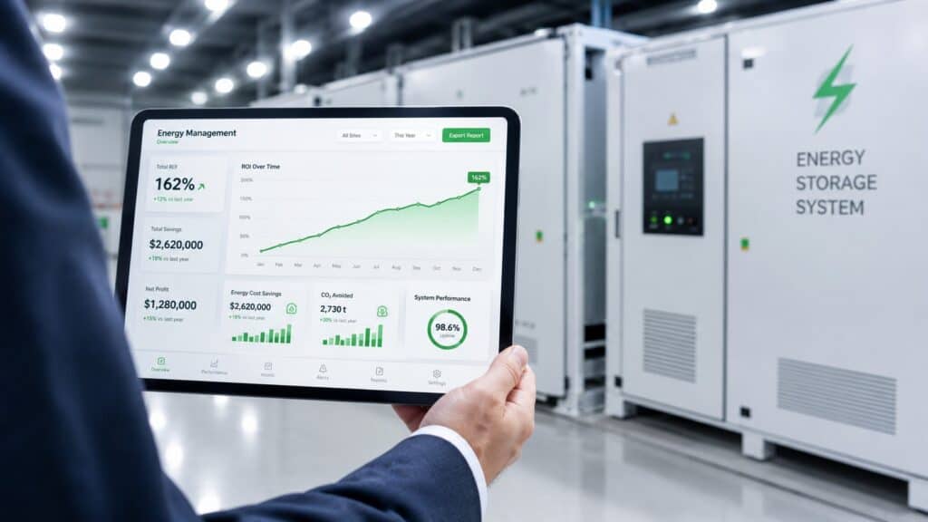 Une personne présente le retour sur investissement des batteries sur une tablette.